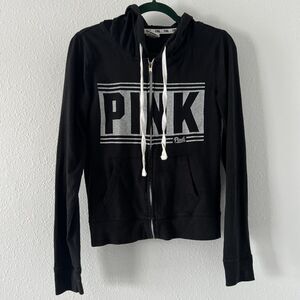 Pink Victoria Secret Sweat Jacket Womens Small Black Hooded Spell Out Y2K Track
